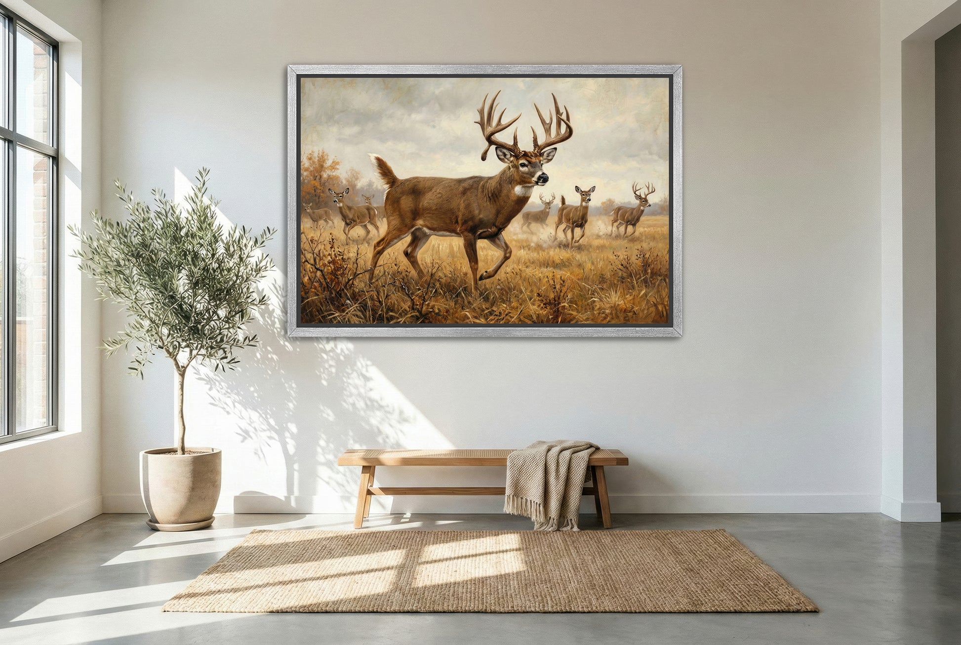 silver floating framed canvas big game artwork of alert whitetail deer busted from the bedding area