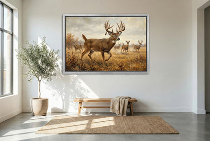 silver floating framed canvas big game artwork of alert whitetail deer busted from the bedding area