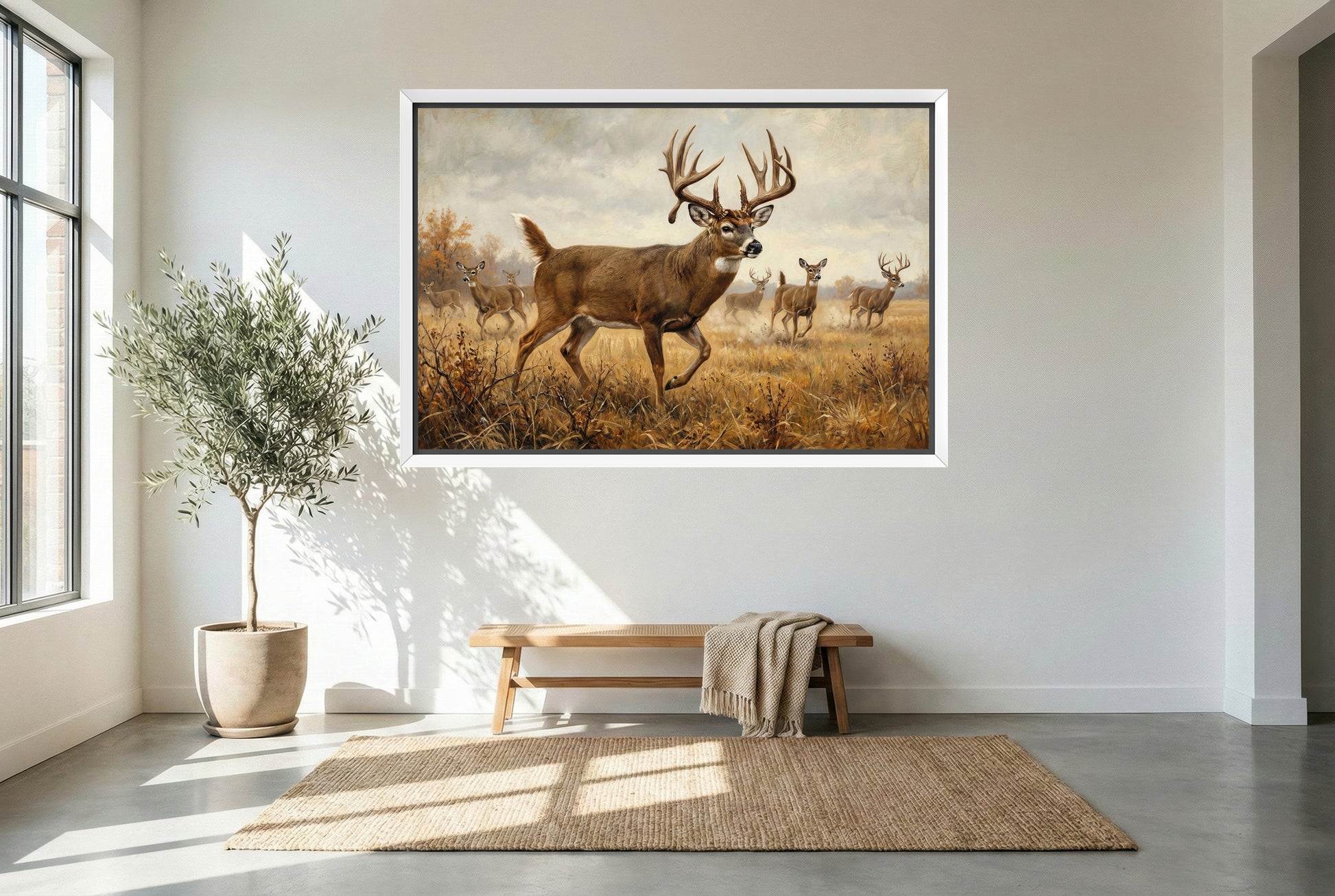 white floating framed canvas art of alert whitetail deer busted from the bedding area