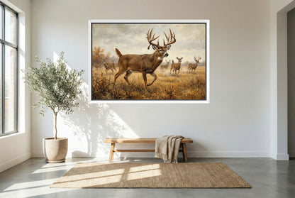 white floating framed canvas art of alert whitetail deer busted from the bedding area