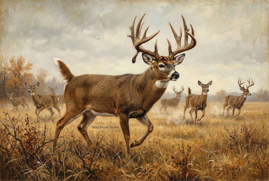 on alert whitetail deer busted from the bedding area oil painting paper art print