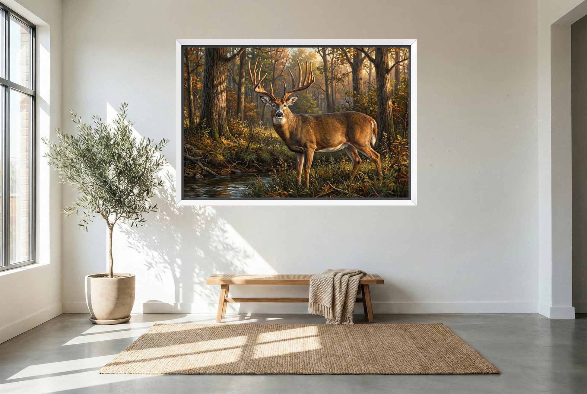 white floating framed canvas art of pennsylvania's biggest whitetail buck