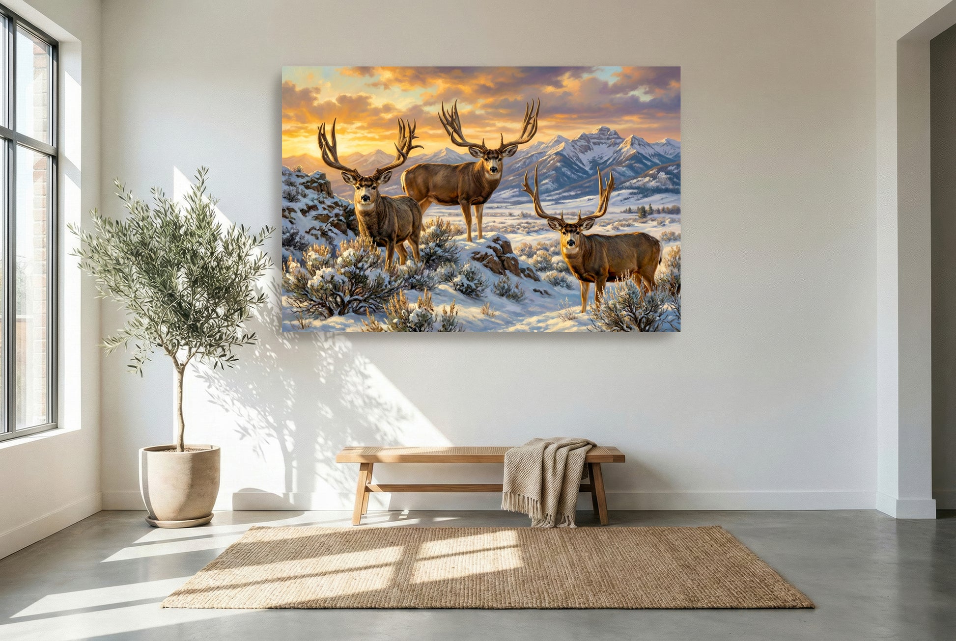 Gallery wrapped canvas wall art of three famous Wyoming mule deer bucks in winter range habitat