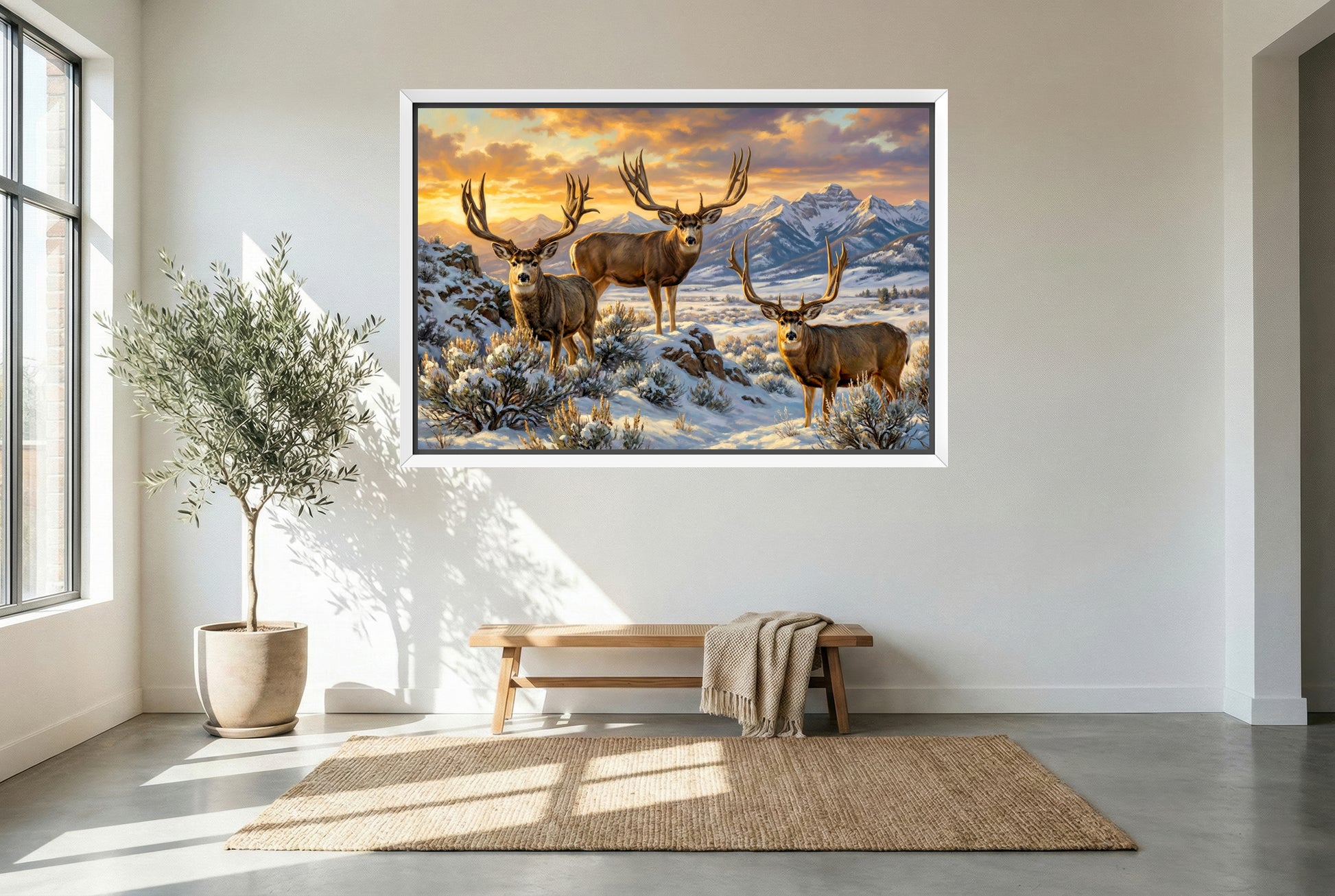 White floating framed canvas print of legendary Wyoming mule deer trio for home decor