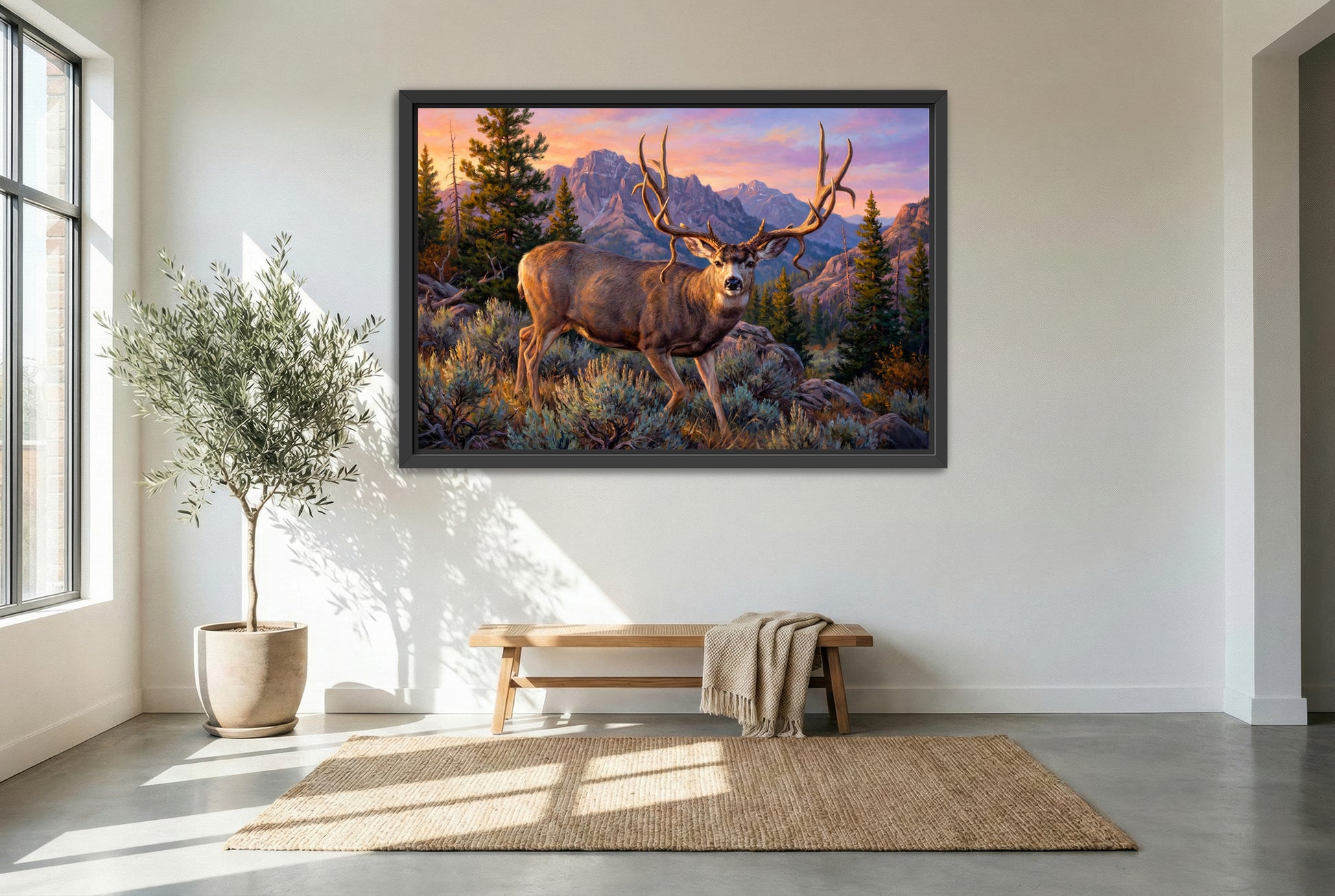 black floating framed canvas print featuring a double drop tine mule deerbuck called rabbi near camp Williams utah