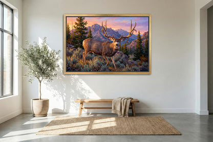 gold floating framed canvas trophy room art of a double drop tine mule deer buck called rabbi near camp Williams utah