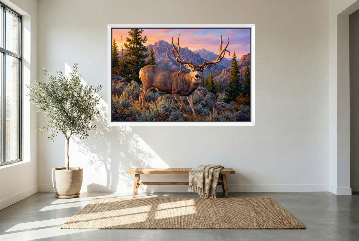 white floating framed canvas art of a double drop tine mule deer buck called rabbi near camp Williams utah