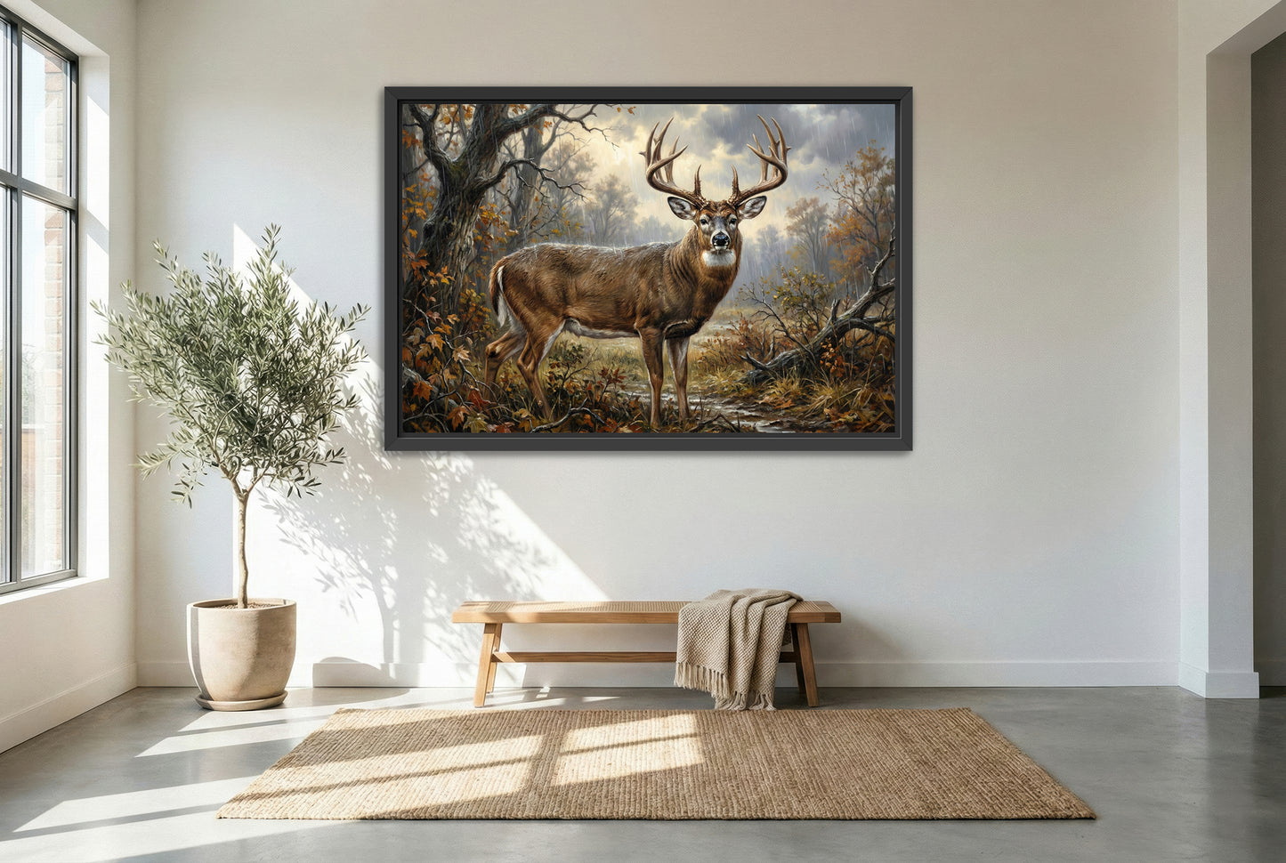 black floating framed canvas print featuring the best time a rain soaked whitetail buck