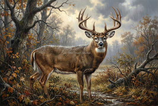 rain soaked whitetail buck oil painting paper art print