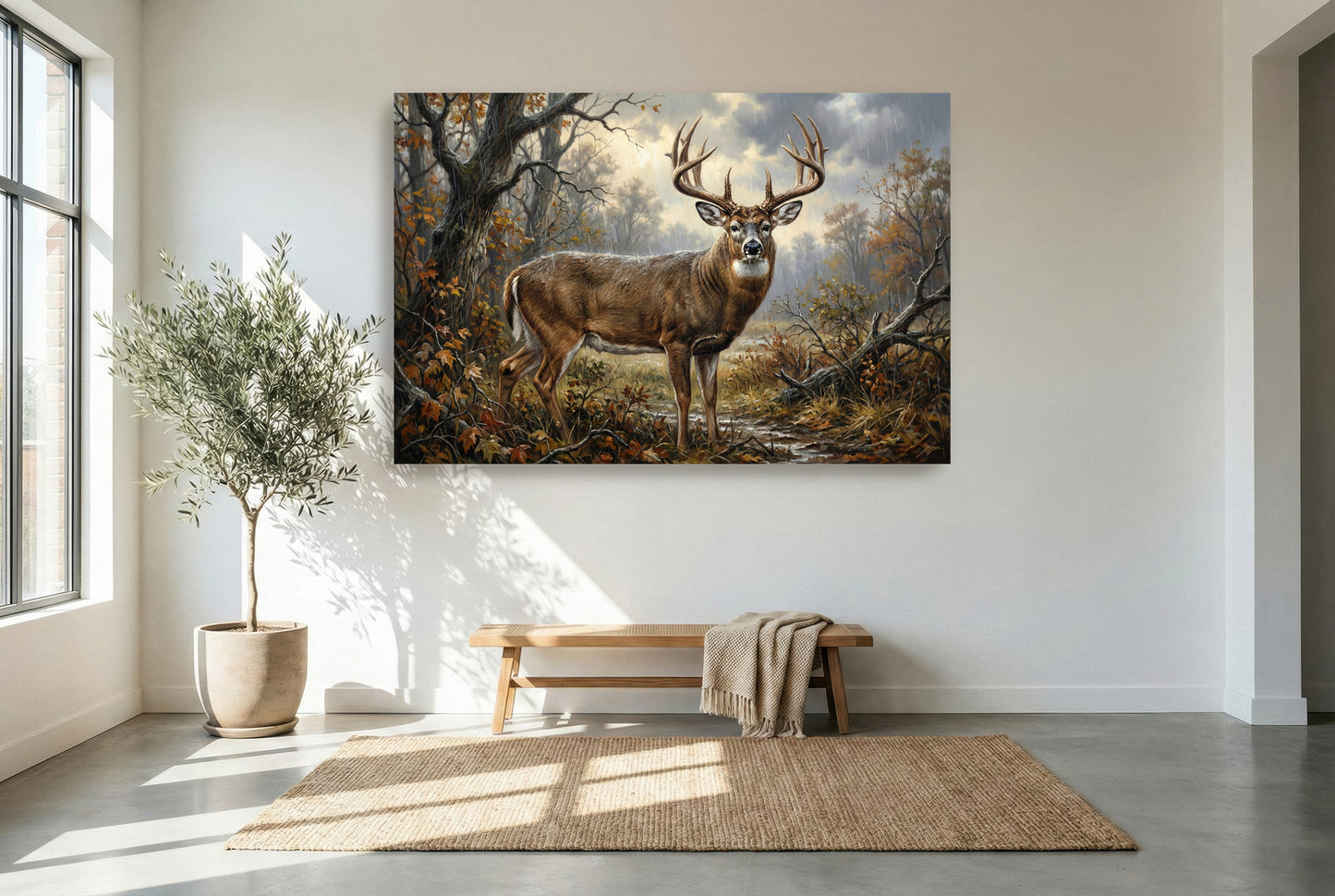 gallery wrapped canvas wildlife wall art of a rain soaked whitetail buck