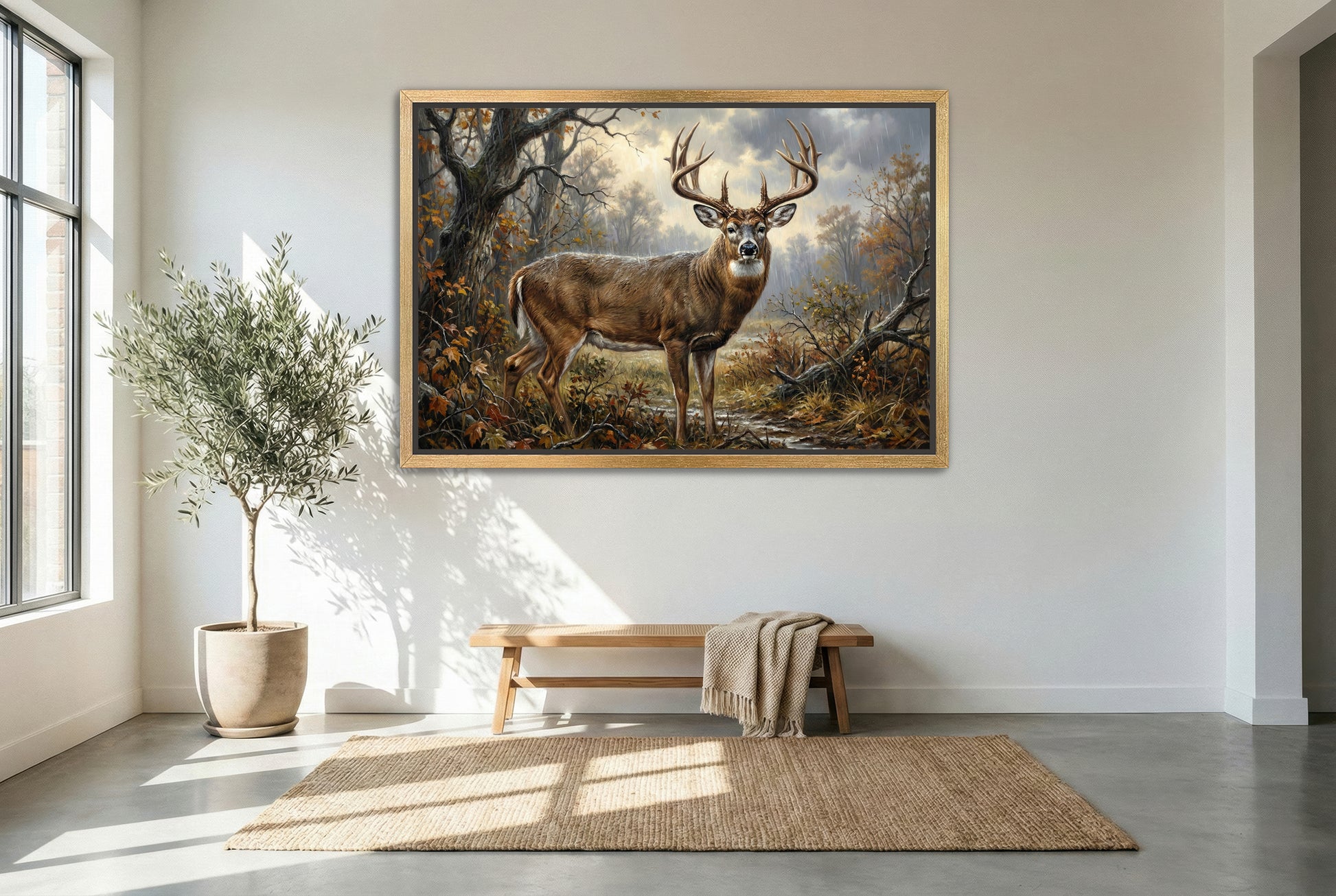 gold floating framed canvas trophy room art the best time of a rain soaked whitetail buck
