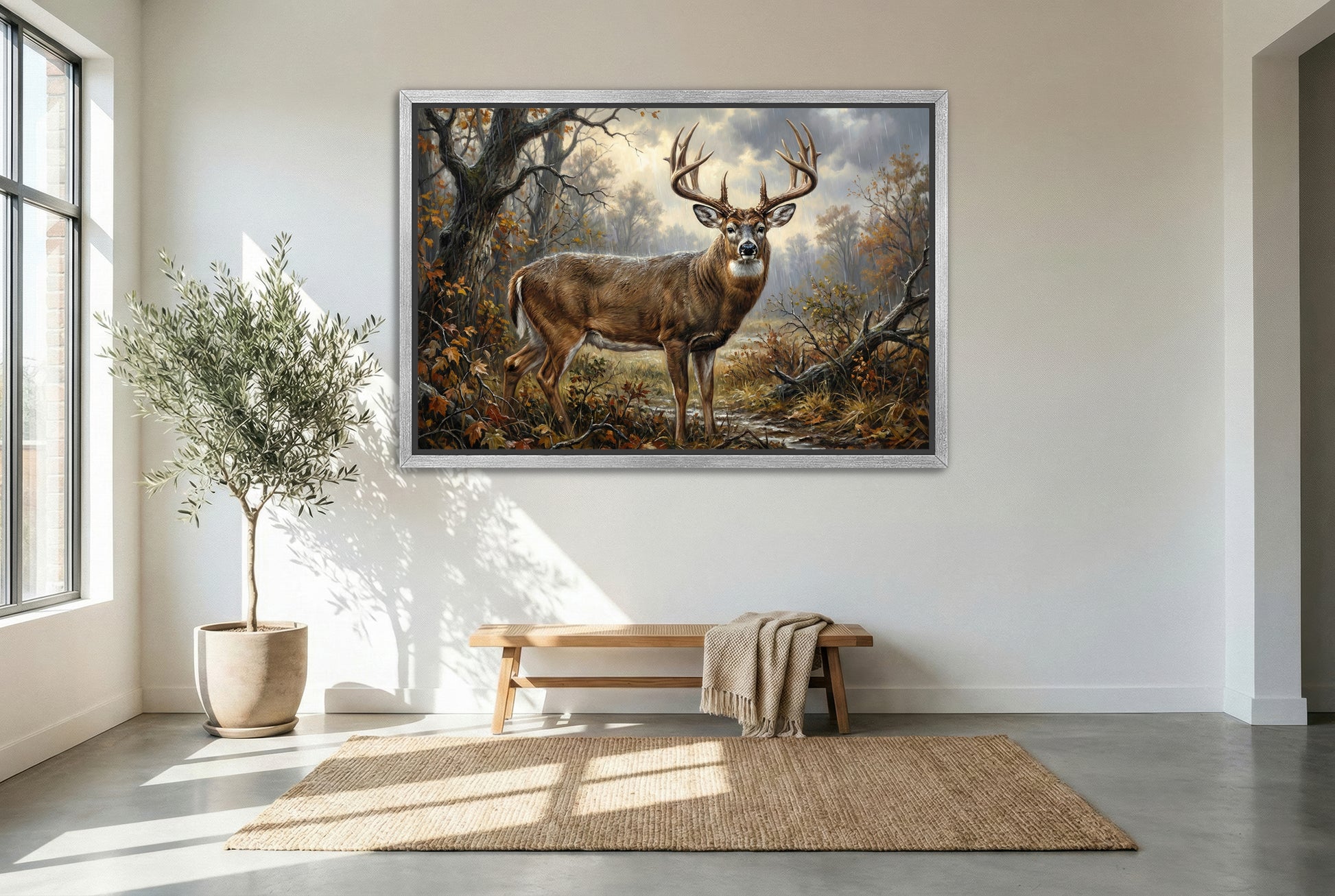silver floating framed canvas big game artwork of a rain soaked whitetail buck