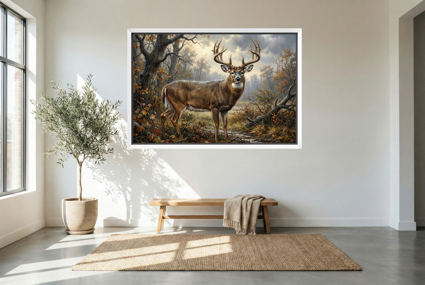 white floating framed canvas art of a rain soaked whitetail buck
