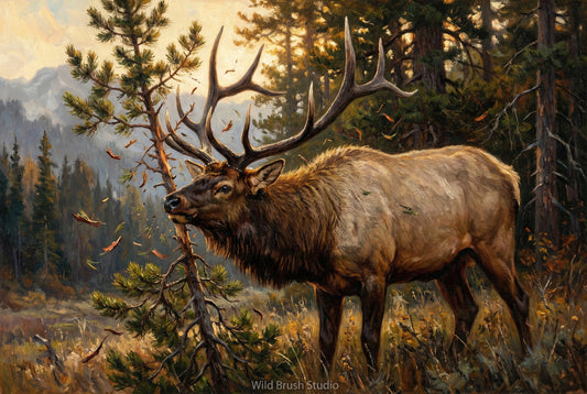 bull elk keeping raking a small pinyon pine juniper tree during the rut in september oil painting paper art print