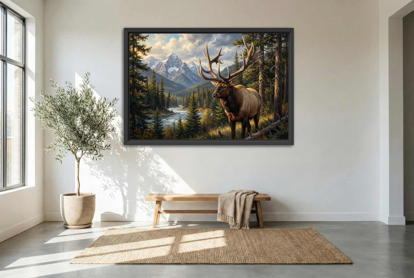 black floating framed canvas print featuring the revelstoke british columbia mystery bull elk