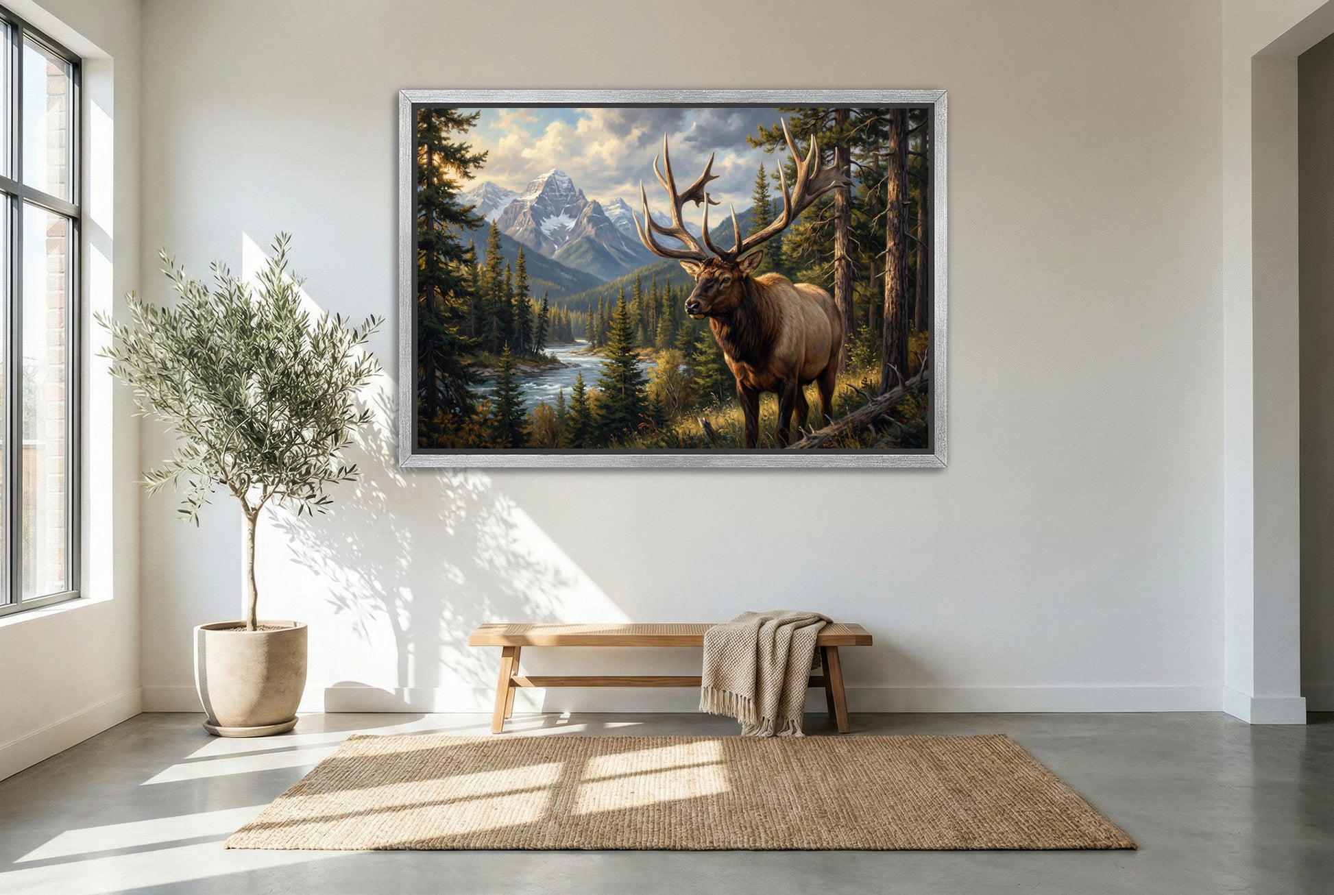 silver floating framed canvas big game artwork of the revelstoke british columbia mystery bull elk