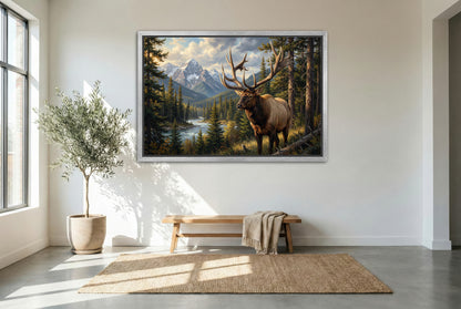 silver floating framed canvas big game artwork of the revelstoke british columbia mystery bull elk