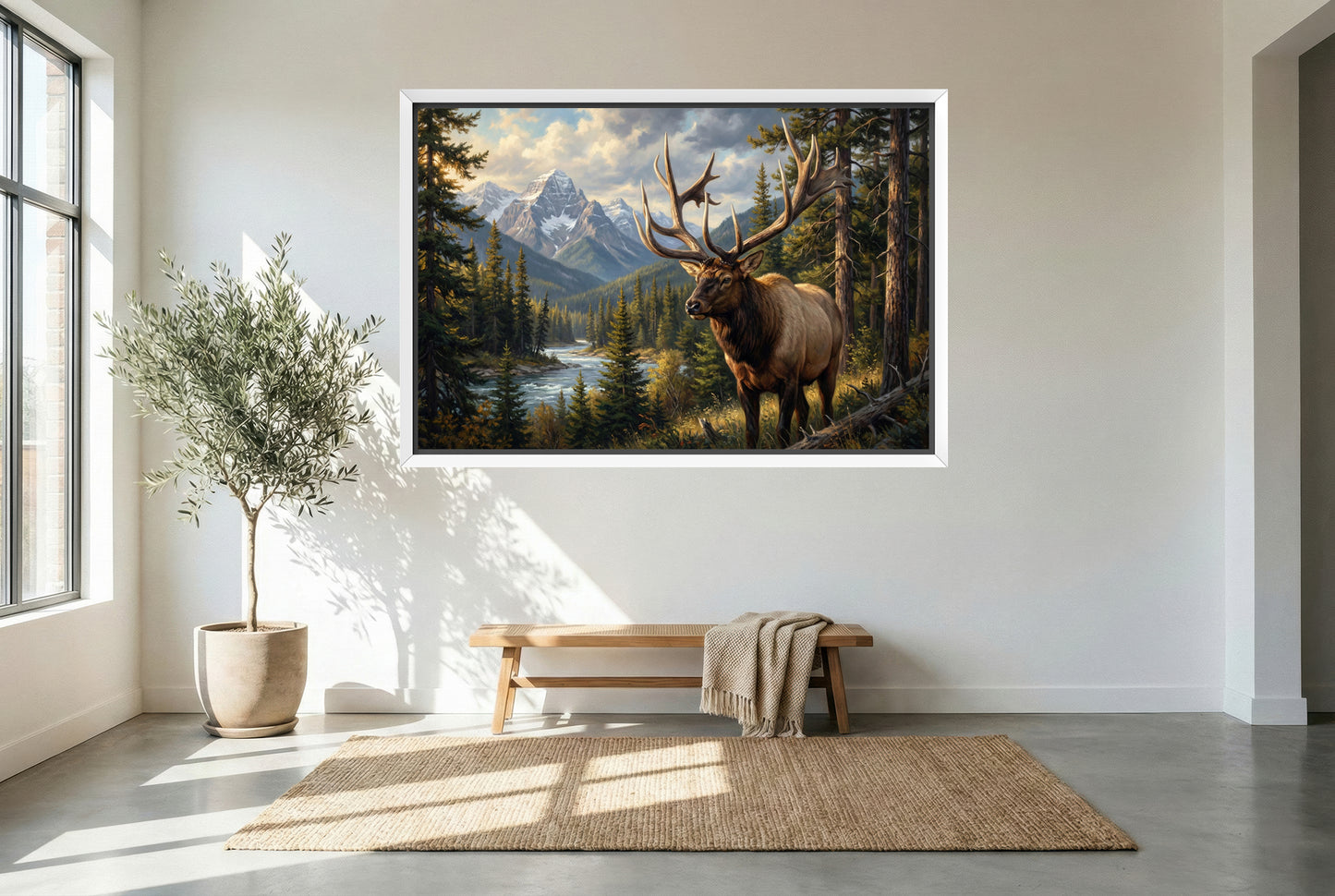white floating framed canvas art of the revelstoke british columbia mystery bull elk