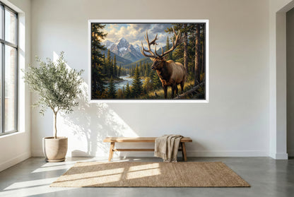 white floating framed canvas art of the revelstoke british columbia mystery bull elk