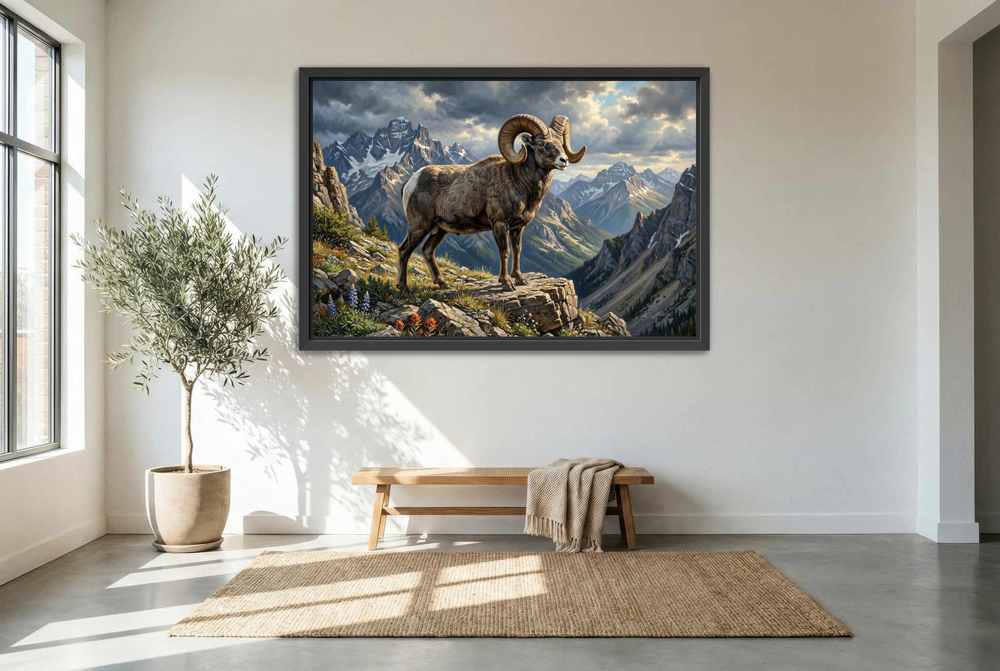 black floating framed canvas print featuring a Rocky Mountain big horn sheep ram