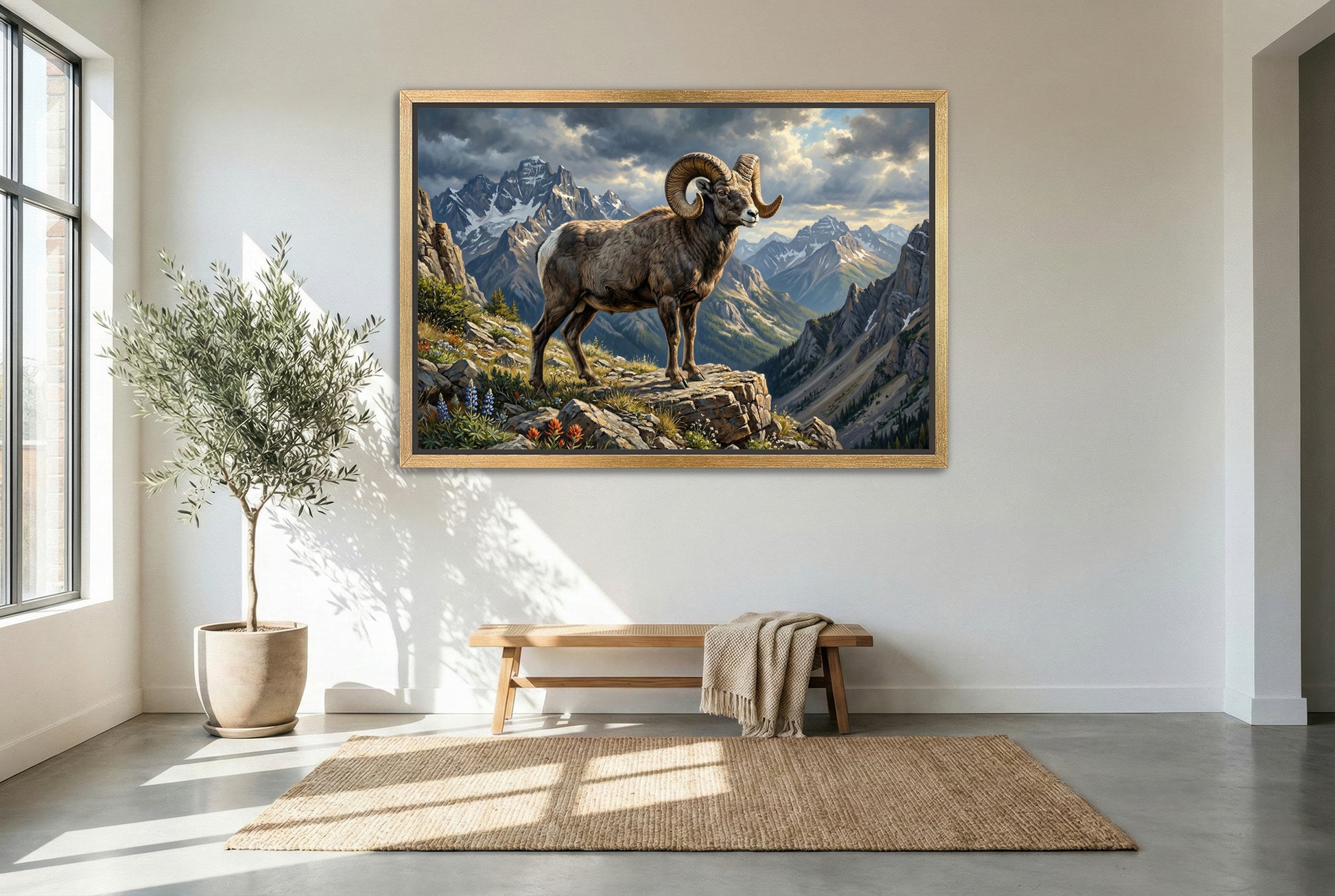 gold floating framed canvas trophy room art of a Rocky Mountain big horn sheep ram