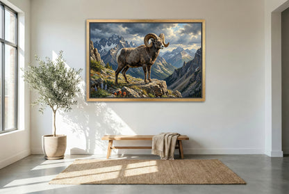 gold floating framed canvas trophy room art of a Rocky Mountain big horn sheep ram