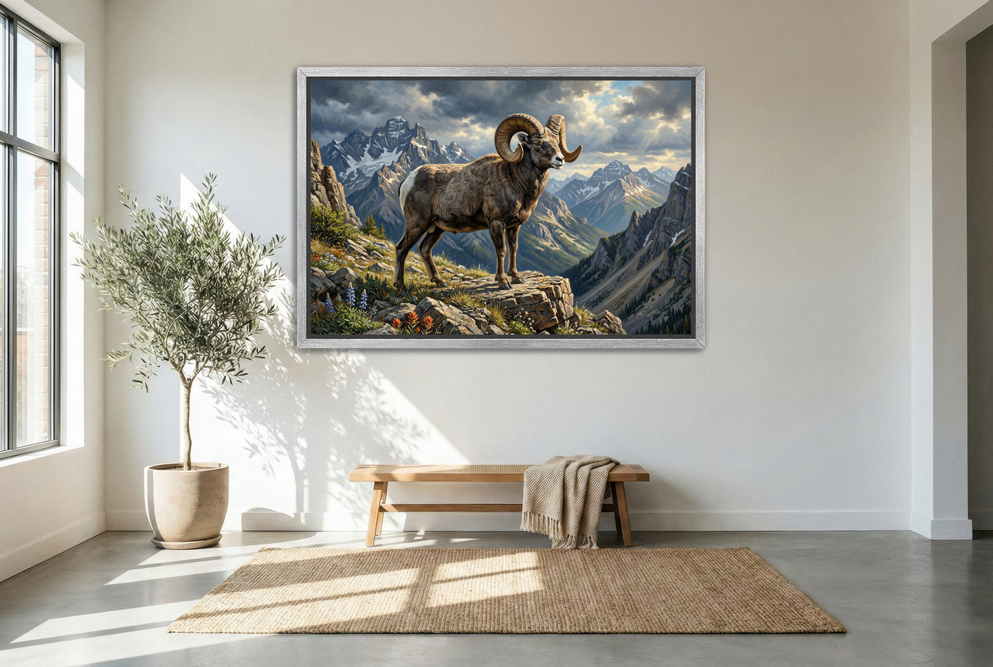 silver floating framed canvas big game artwork of a Rocky Mountain big horn sheep ram