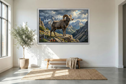 silver floating framed canvas big game artwork of a Rocky Mountain big horn sheep ram