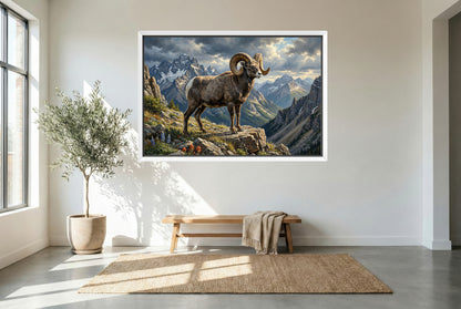 white floating framed canvas art of a Rocky Mountain big horn sheep ram