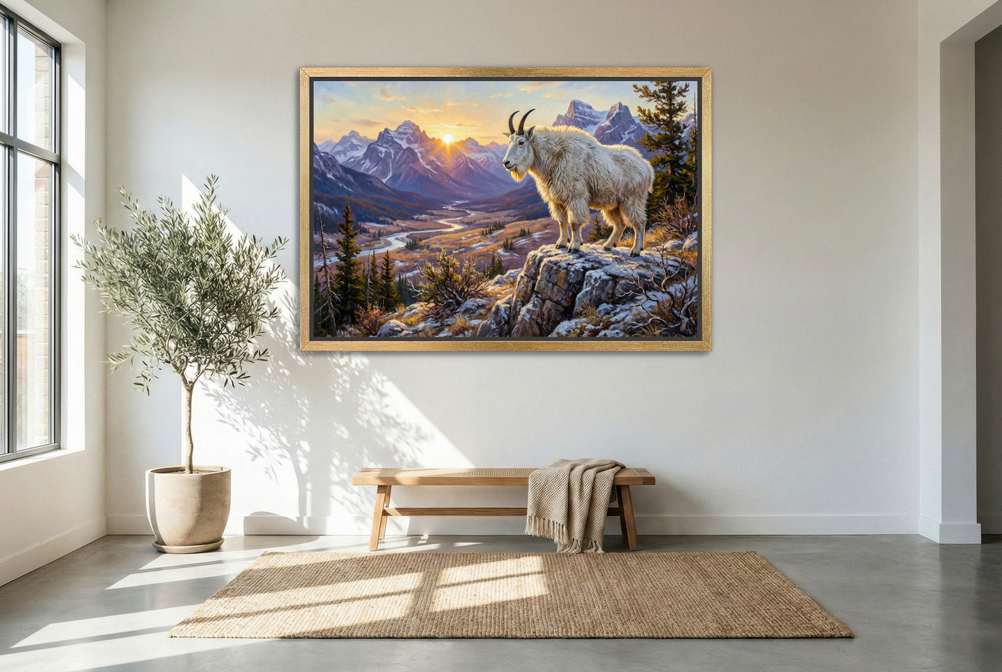 gold floating framed canvas trophy room art of a Rocky Mountain goat