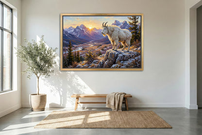 gold floating framed canvas trophy room art of a Rocky Mountain goat