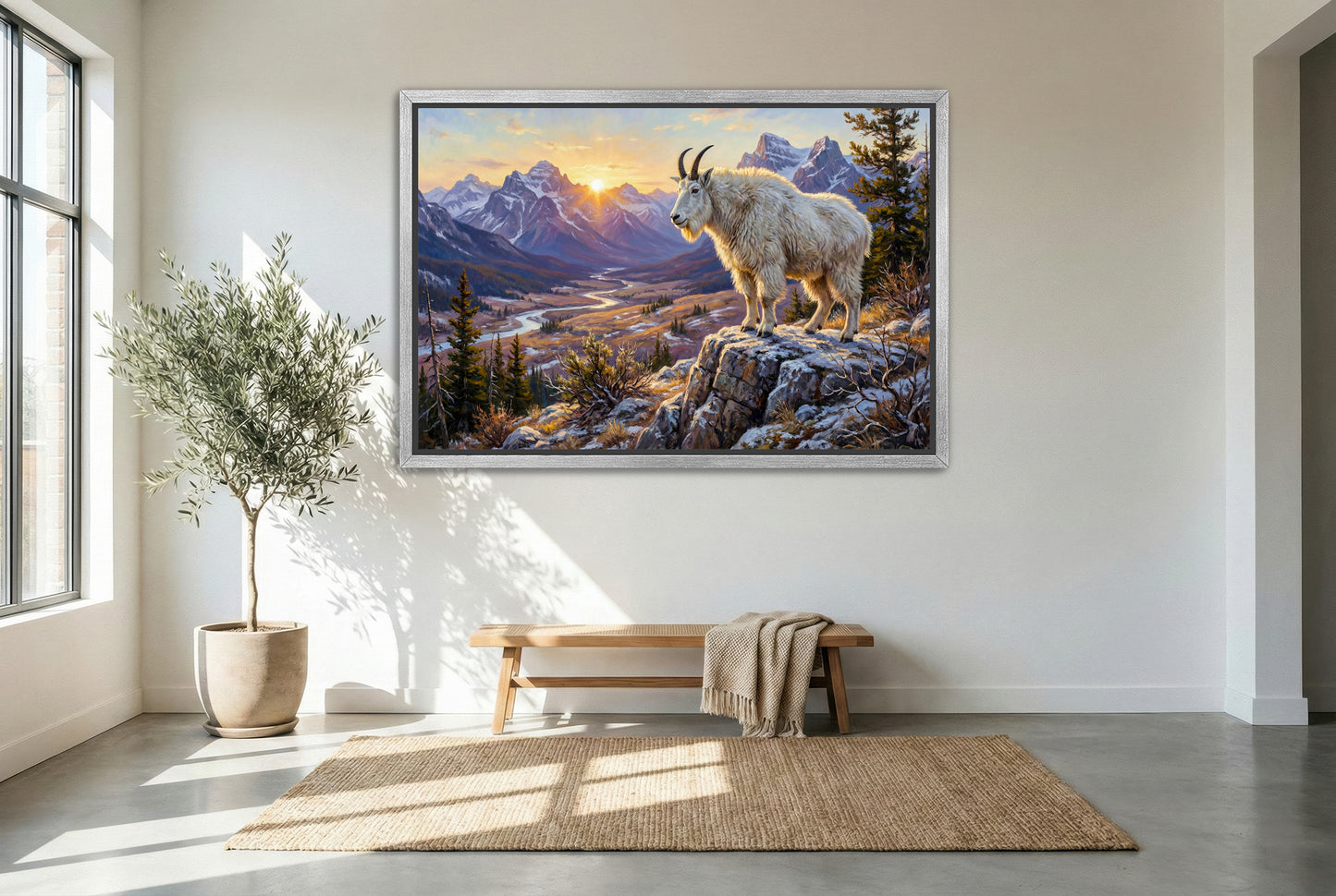 silver floating framed canvas big game artwork of a Rocky Mountain goat