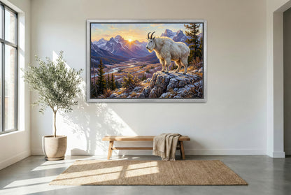 silver floating framed canvas big game artwork of a Rocky Mountain goat