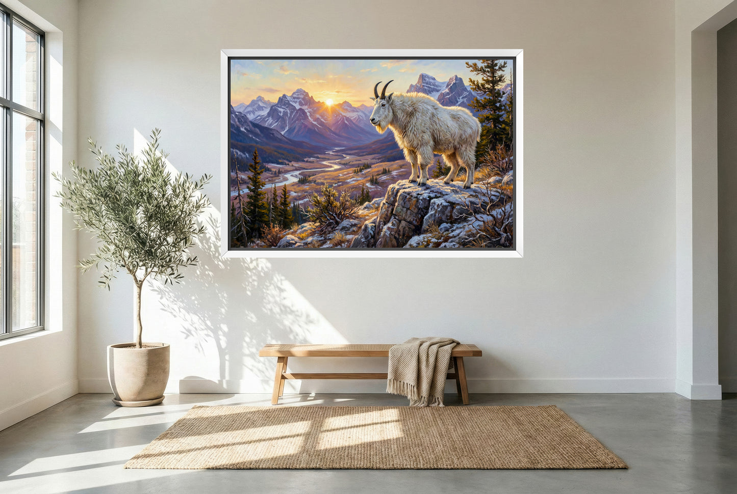 white floating framed canvas art of Rocky Mountain goat