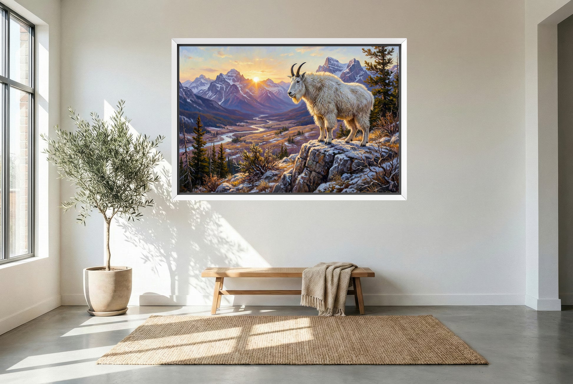 white floating framed canvas art of Rocky Mountain goat