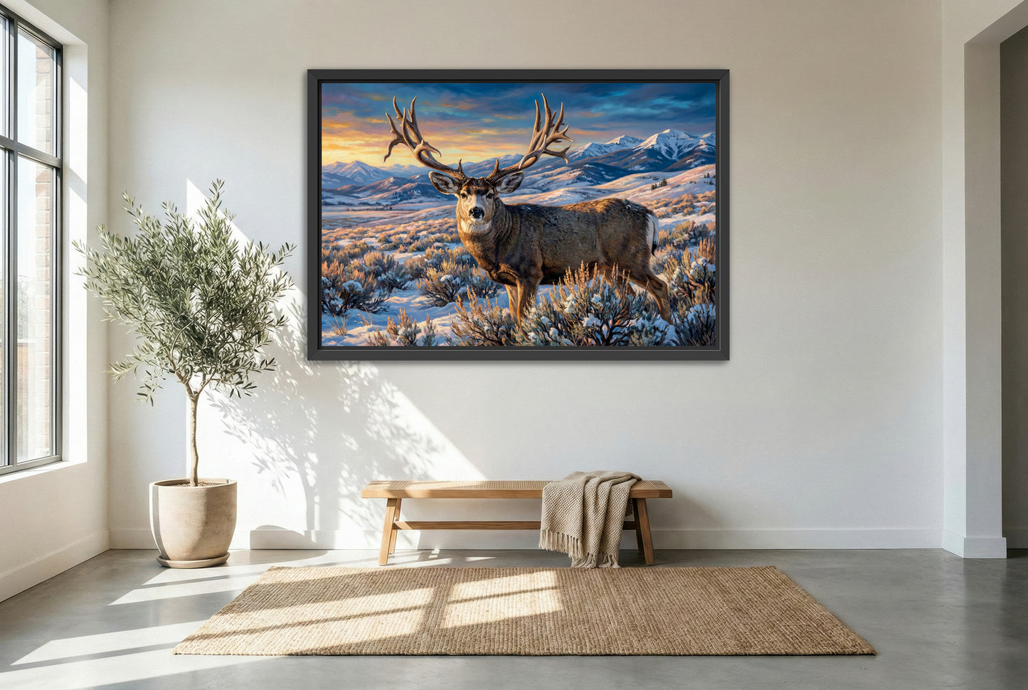 black floating framed canvas print featuring a scar wyoming mule deer living legend giant