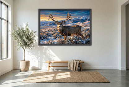 black floating framed canvas print featuring a scar wyoming mule deer living legend giant