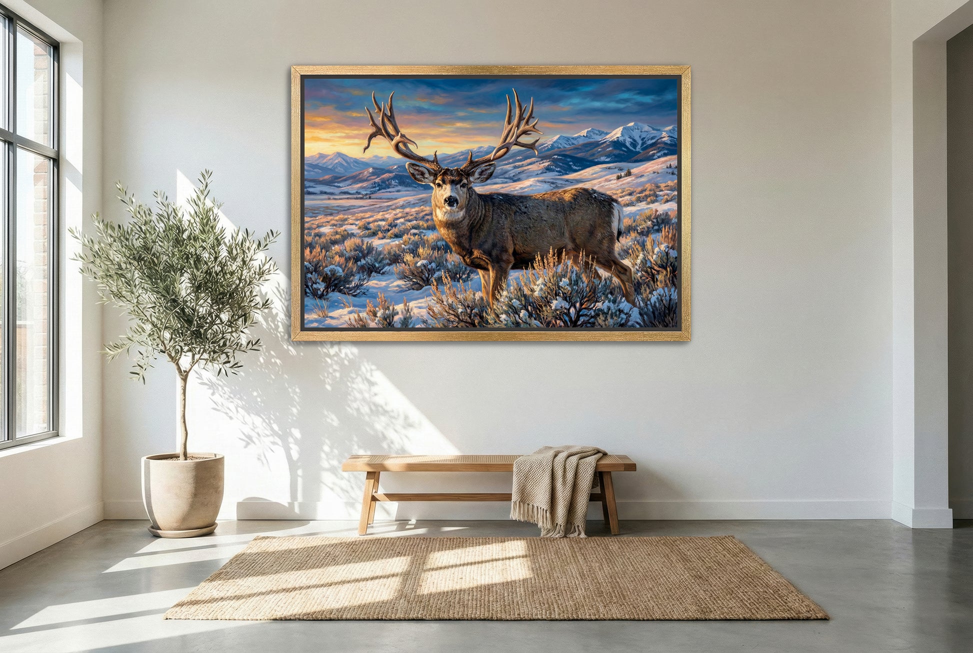 gold floating framed canvas trophy room art of scar wyoming mule deer living legend giant