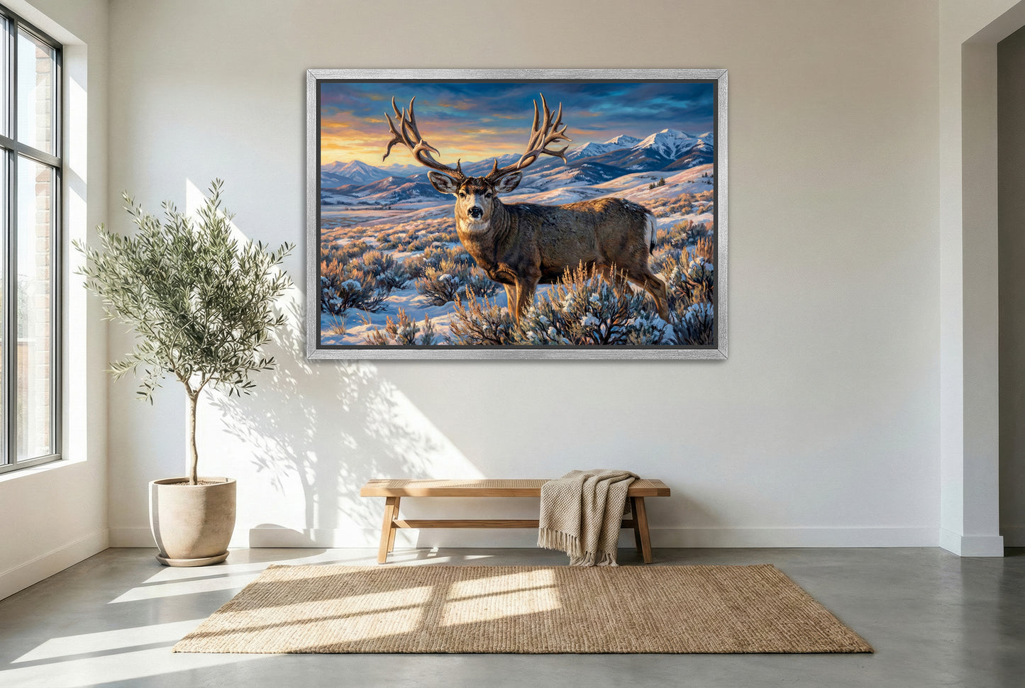 silver floating framed canvas big game artwork of scar wyoming mule deer living legend giant