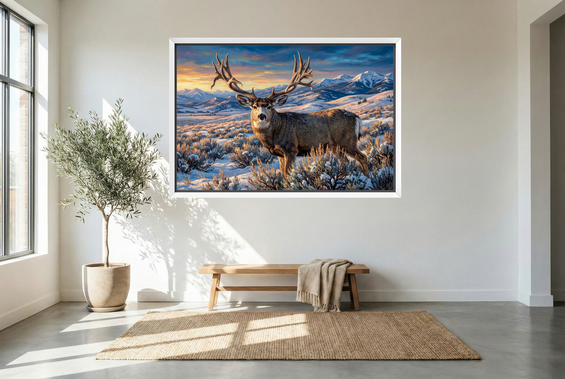 white floating framed canvas art of scar wyoming mule deer living legend giant 