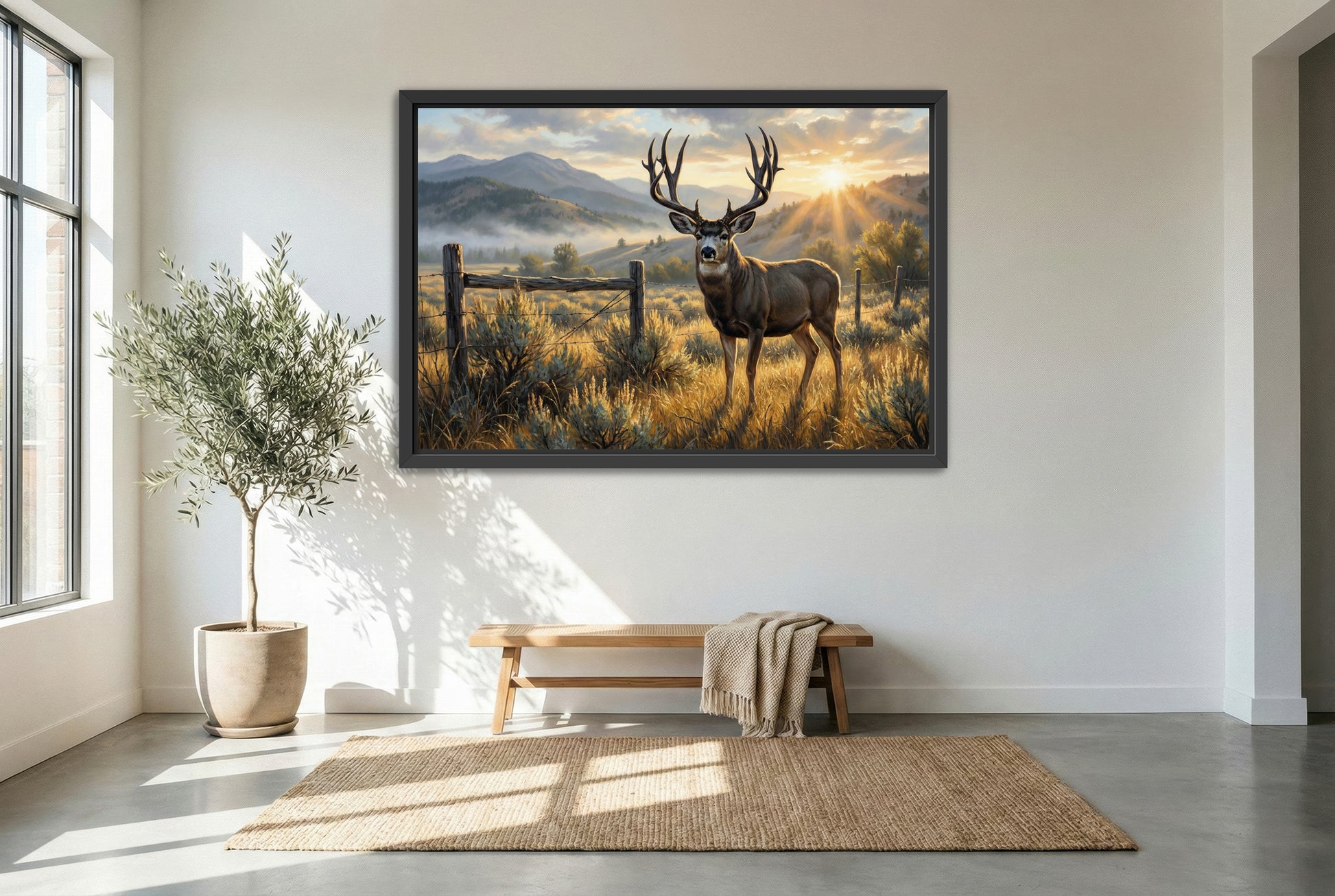 black floating framed canvas print featuring of a tall dark horned mule deer inside property boundary