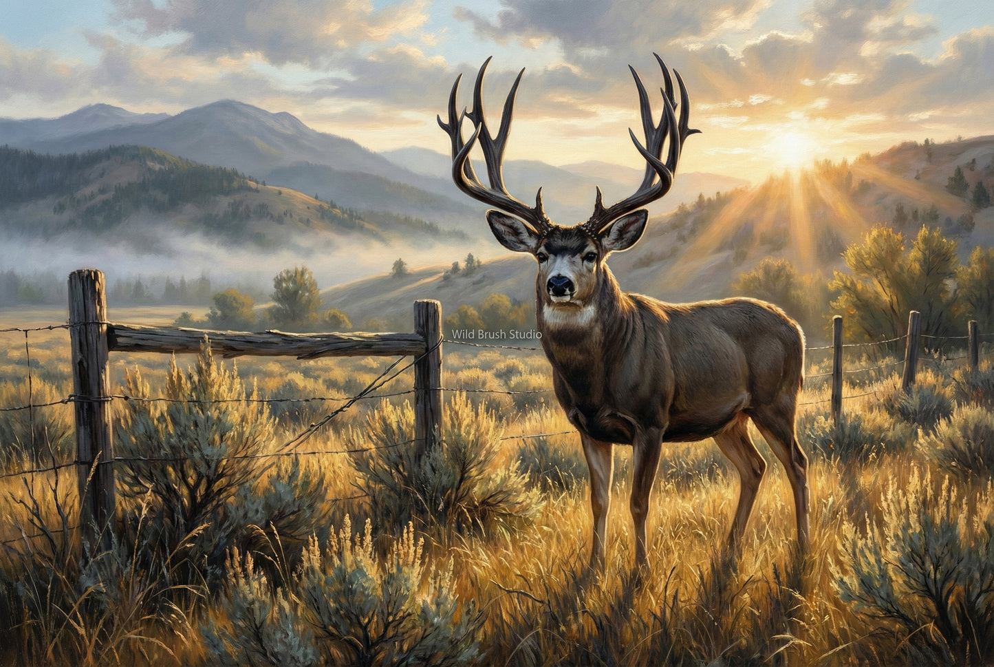 tall dark horned mule deer inside property boundary oil painting paper art print