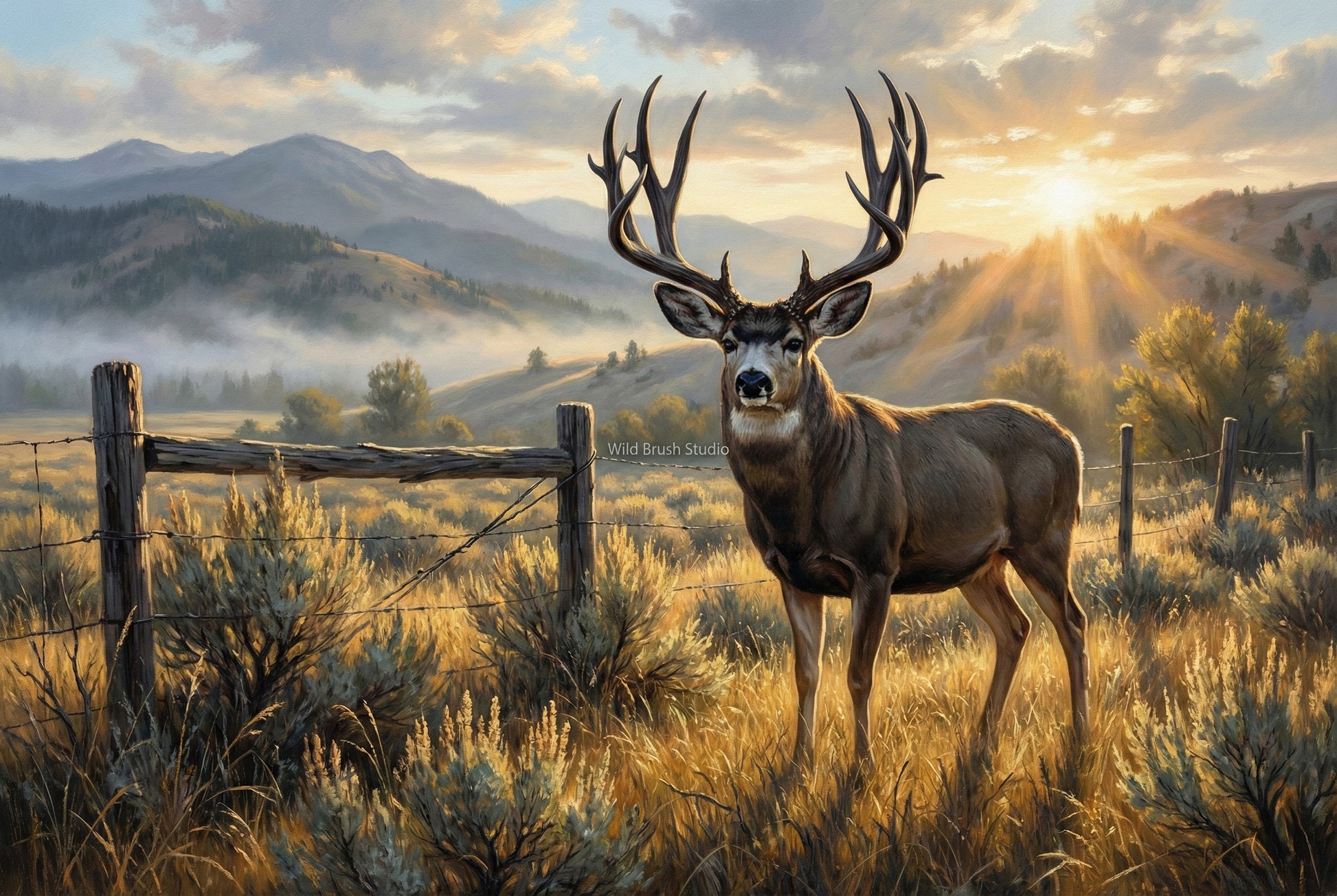 tall dark horned mule deer inside property boundary oil painting paper art print