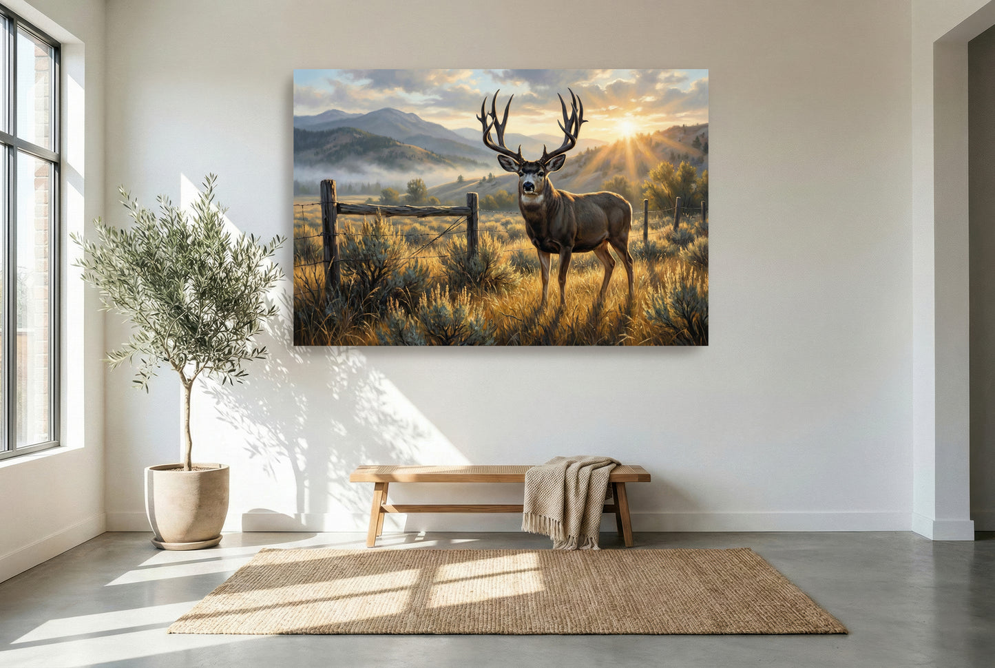 gallery wrapped canvas wildlife wall art of a tall dark horned mule deer inside property boundary