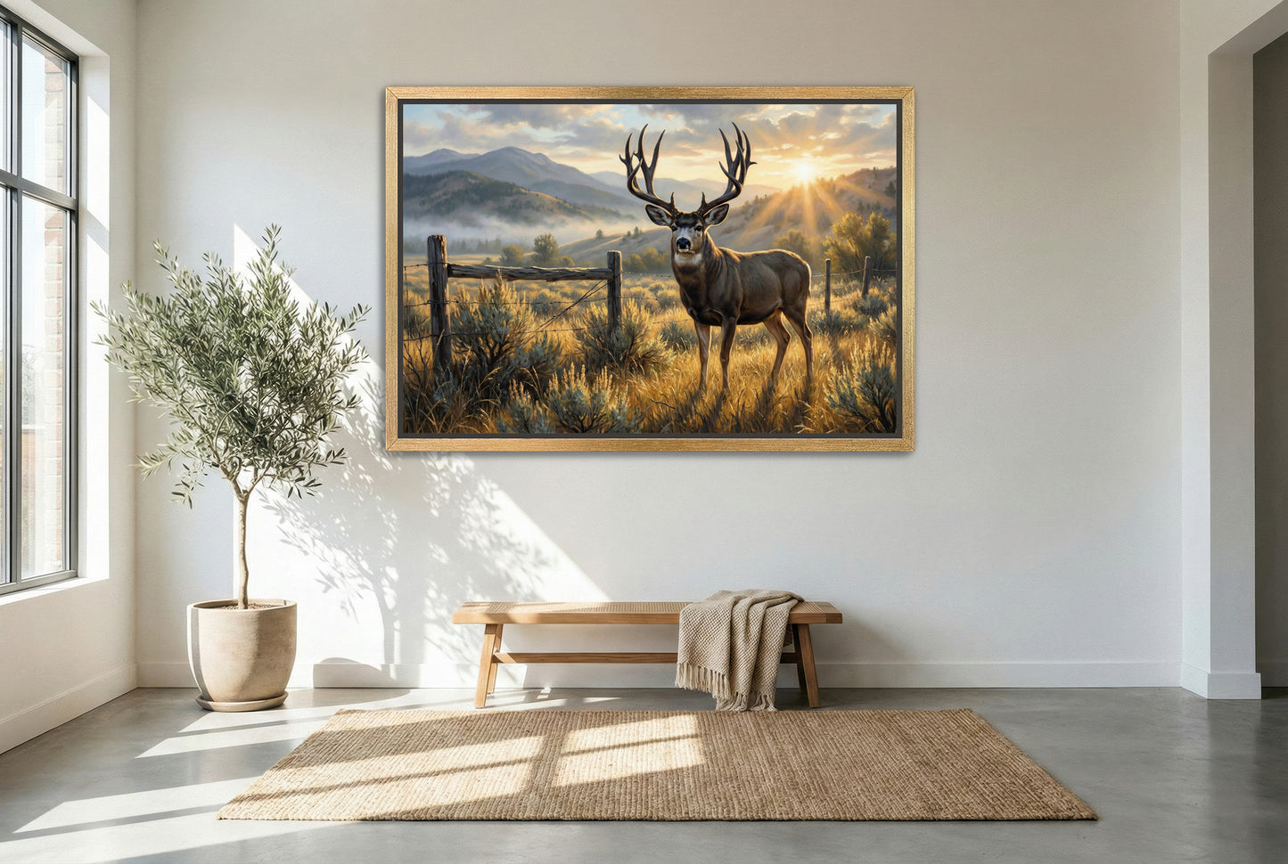 gold floating framed canvas trophy room art of a tall dark horned mule deer inside property boundary