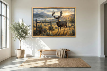 gold floating framed canvas trophy room art of a tall dark horned mule deer inside property boundary