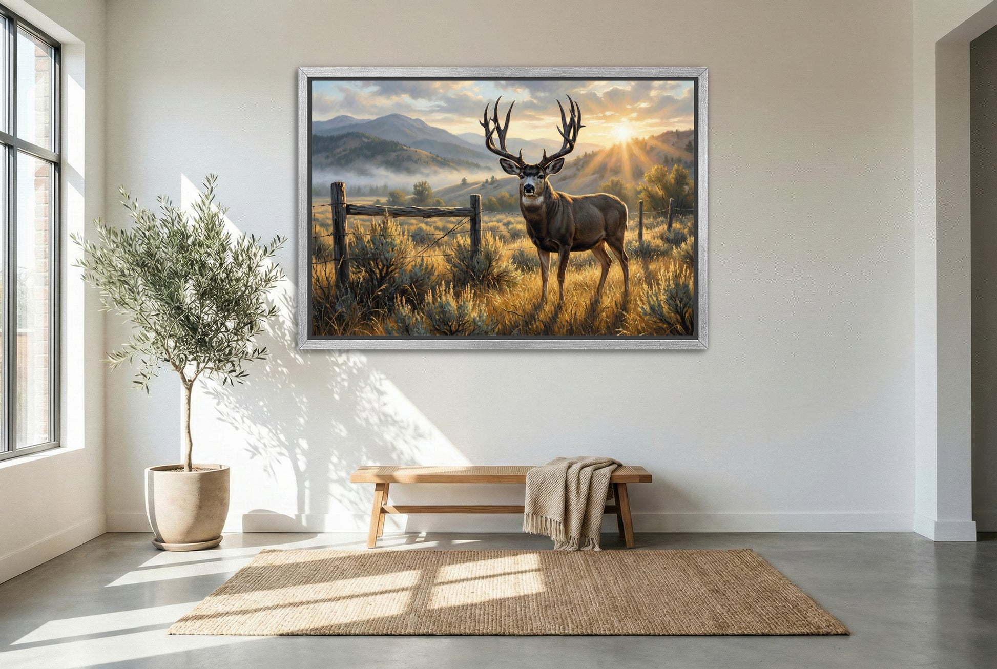 silver floating framed canvas big game artwork of a tall dark horned mule deer inside property boundary