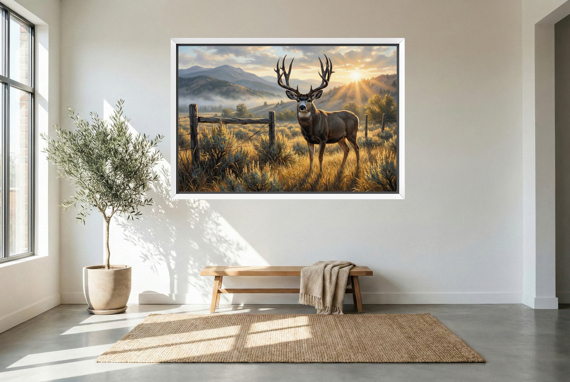 white floating framed canvas art of a tall dark horned mule deer inside property boundary