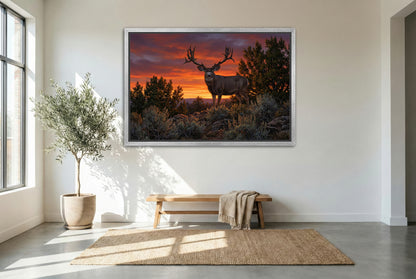 Silver floating framed canvas big game artwork of the Ted Riggs Buck mule deer