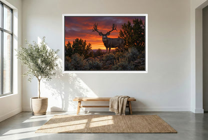 White floating framed canvas art of the Ted Riggs Buck for modern hunting home decor